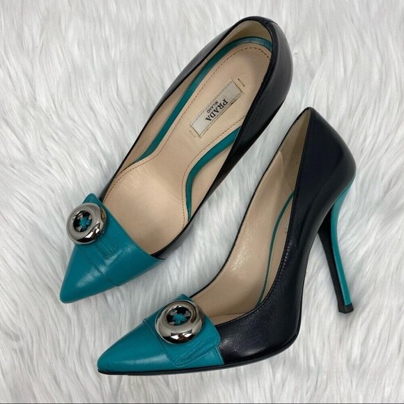 Prada Women's Capretto Turchese Silver Accent Pointed Toe Bicolor Pumps EU 37.5 - Picture 1 of 11